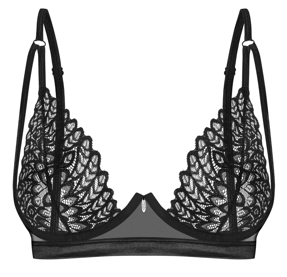 Obsessive Schwarzer Bügel-BH aus feinem besticktem Stretchtüll. Die weichen elastischen Cups schmiegen sich komfortabel formend an.