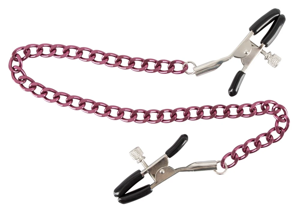 Nipple Chain Purple, Nippelklammern mit Kette aus Metall lila glänzend – justierbare Druckstärke, gummierte Spitzen, intensiv stimulierend