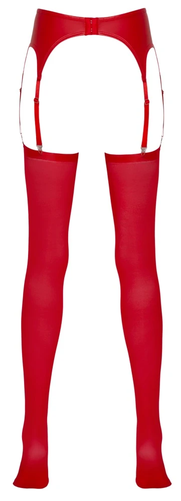 Schlichter Strapsgurt im edlen Mattlook mit silberfarbenen Metallteilen und 3 Strapsen pro Seite. Die passenden roten Strümpfe sind auch gleich dabei.