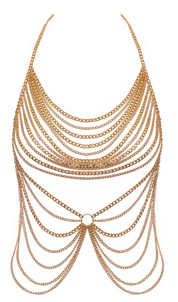 Cottelli goldfarbene Körperkette mit üppigem Kettenbesatz über Brust und Bauch, glamouröser Körperschmuck mit Karabinerverschlüssen Cottelli goldfarbene Körperkette mit üppigem Kettenbesatz über Brust und Bauch, glamouröser Körperschmuck mit Karabinerverschlüssen