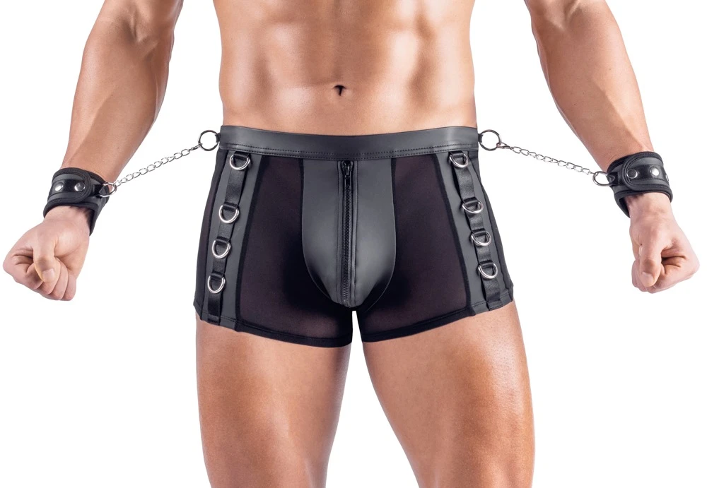 Po-freie Pants mit Soft-Handfesseln im heißen Mattlook und Netz – mit Reißverschluss im Beutel, Fesselringen und verführerischem Bondage-Style von Svenjoyment