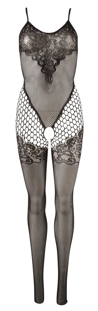 Schwarzer Catsuit mit Spitzen-Optik am Busen und Oberschenkel und offenem Schritt. Schwarzer Catsuit mit Spitzen-Optik am Busen und Oberschenkel und offenem Schritt.