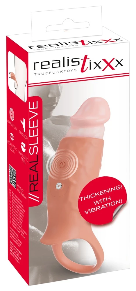 Realistixxx Real Sleeve open, Vibro-Penismanschette mit Hodenring für mehr Umfang und intensivere Vibrationen 10 Modi für verstärkte Lust