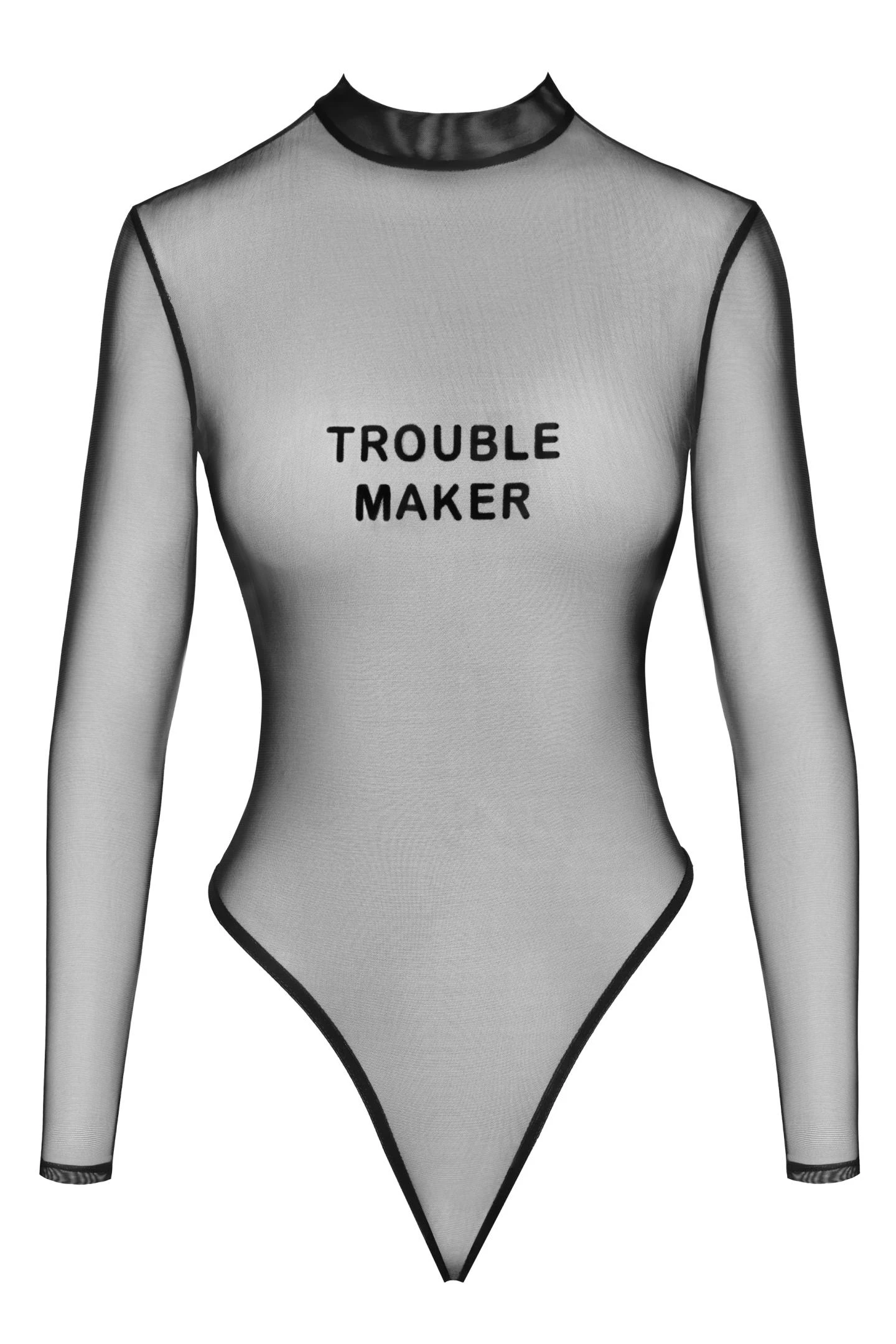 F388 Troublemaker Body – Kinky transparenter Tüll-Body mit Flock-Print, langen Ärmeln & Druckknöpfen im Schritt von Noir Handmade