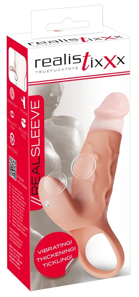 Realistixxx Real Sleeve Clit S, Vibro Penismanschette mit Hodenring und Klitoris Stimulator, 2 leise Motoren, 10 Vibrationsmodi, verdickend für intensivere gemeinsame Höhepunkte