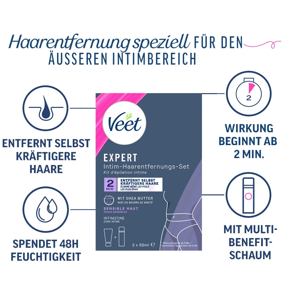 Veet EXPERT Set, Veet EXPERT Intim-Haarentfernungs-Set mit Shea Butter – gründliche Haarentfernung & 48h Feuchtigkeitspflege für sensible Haut Veet EXPERT Set, Veet EXPERT Intim-Haarentfernungs-Set mit Shea Butter – gründliche Haarentfernung & 48h Feuchtigkeitspflege für sensible Haut