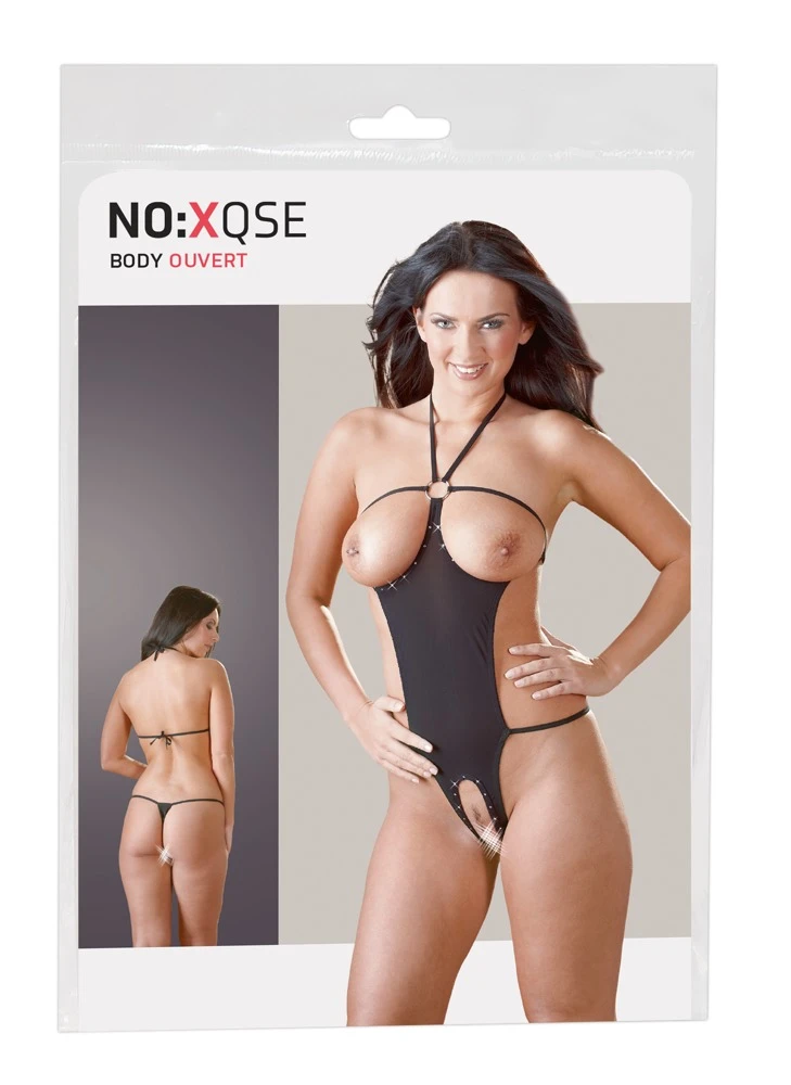 Sexy Einteiler mit Neckholder zum Binden und Strassverzierung an den offenen Cups und dem offenem Schritt.