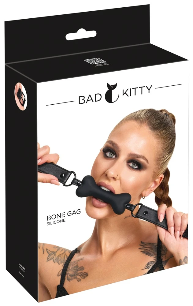 Bad Kitty Knochen-Knebel Silikon schwarz verstellbar Lederimitat bequem Puppy Play Maulkorb Bone Gag hochwertig