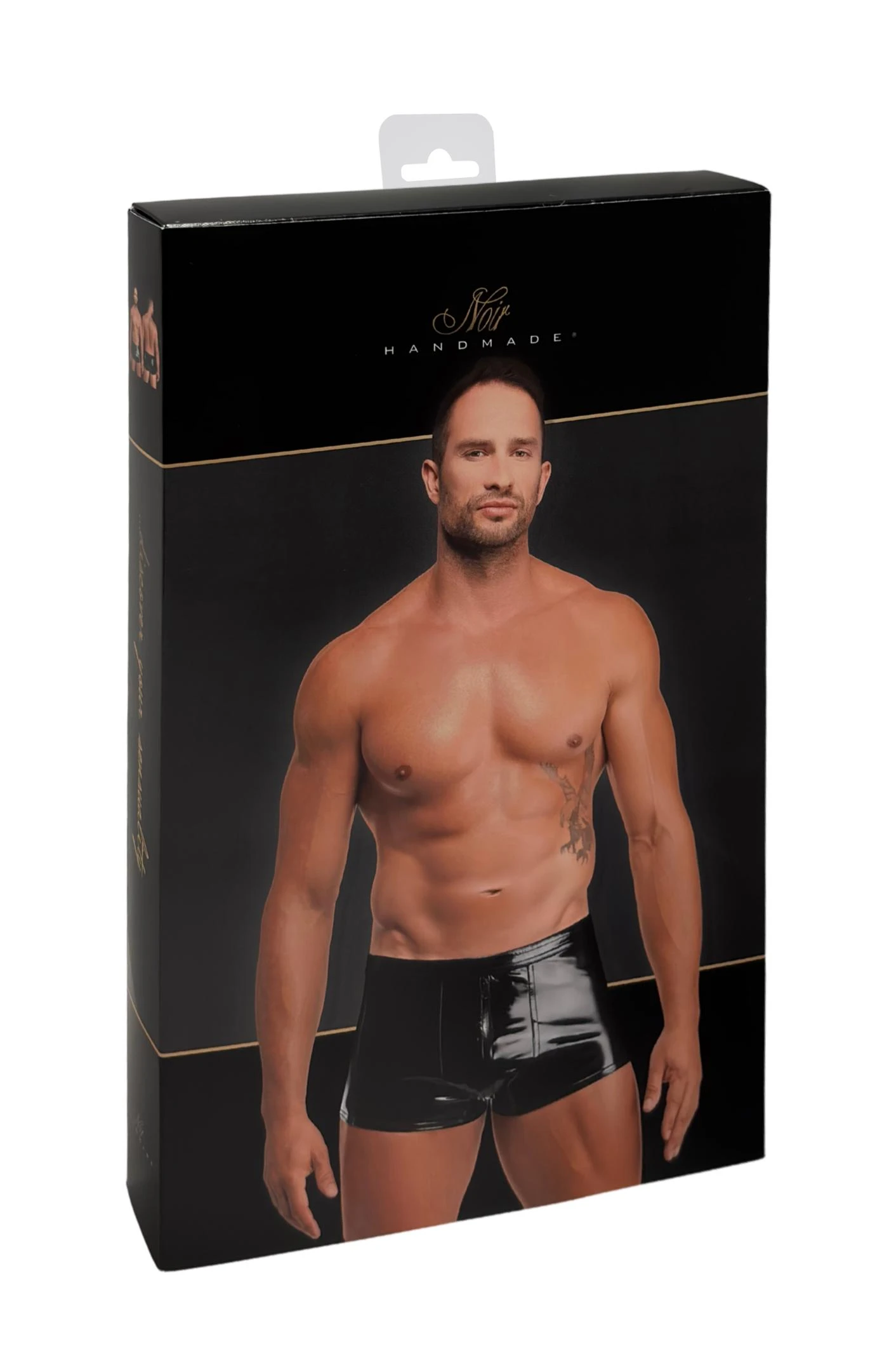 Schwarze Kinky Lack Shorts Voltage H095 ultrakurze Herren Shorts aus glänzendem PVC mit elastischem Bund und praktischem Drei-Wege-Reißverschluss für figurbetonten Look und starken Auftritt im Wetlook-Stil von Noir Handmade Men