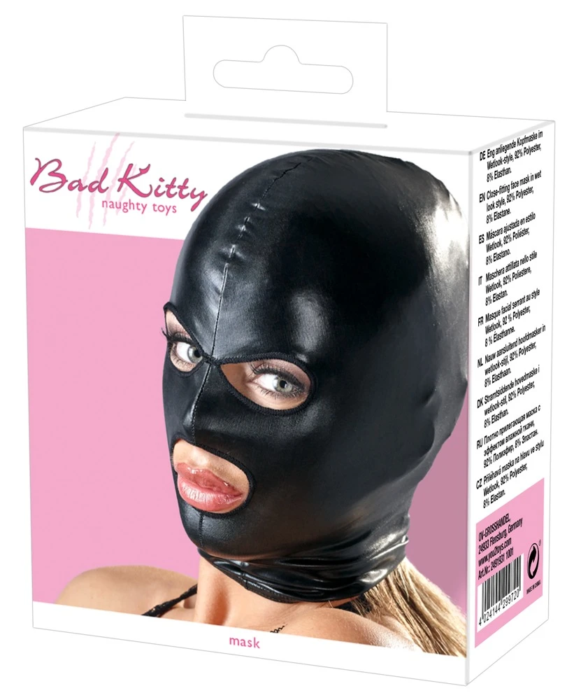 Kinky Kopfmaske im glänzenden Wetlook mit Augen- und Mundöffnung – eng anliegend, dehnbar und ultra sexy für heiße Dominanzspiele von Bad Kitty