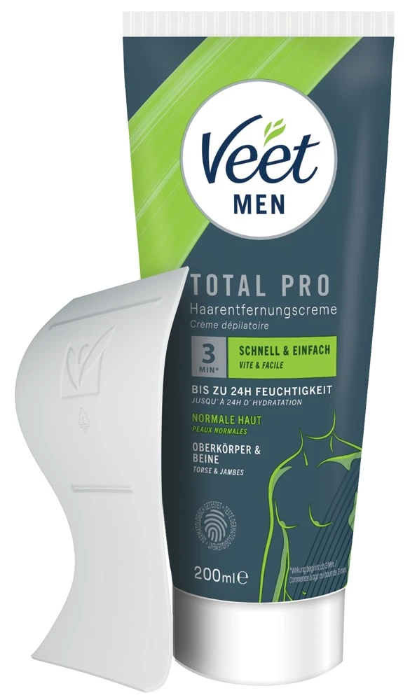 Veet Men TOTAL PRO Haarentfernungscreme für Oberkörper und Beine mit schneller Haarentfernung in 3–6 Minuten, glatter Haut, 24h Feuchtigkeit und ohne störenden Geruch 200 ml