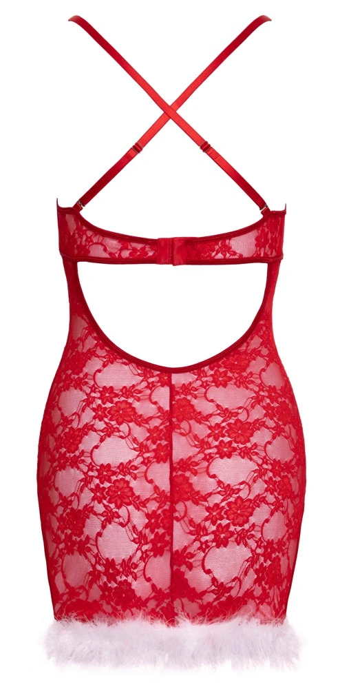 Negligé X-Mas aus roter Spitze mit weißem Federbesatz von Cottelli LINGERIE hautnah anschmiegsam mit gekreuzten verstellbaren Trägern