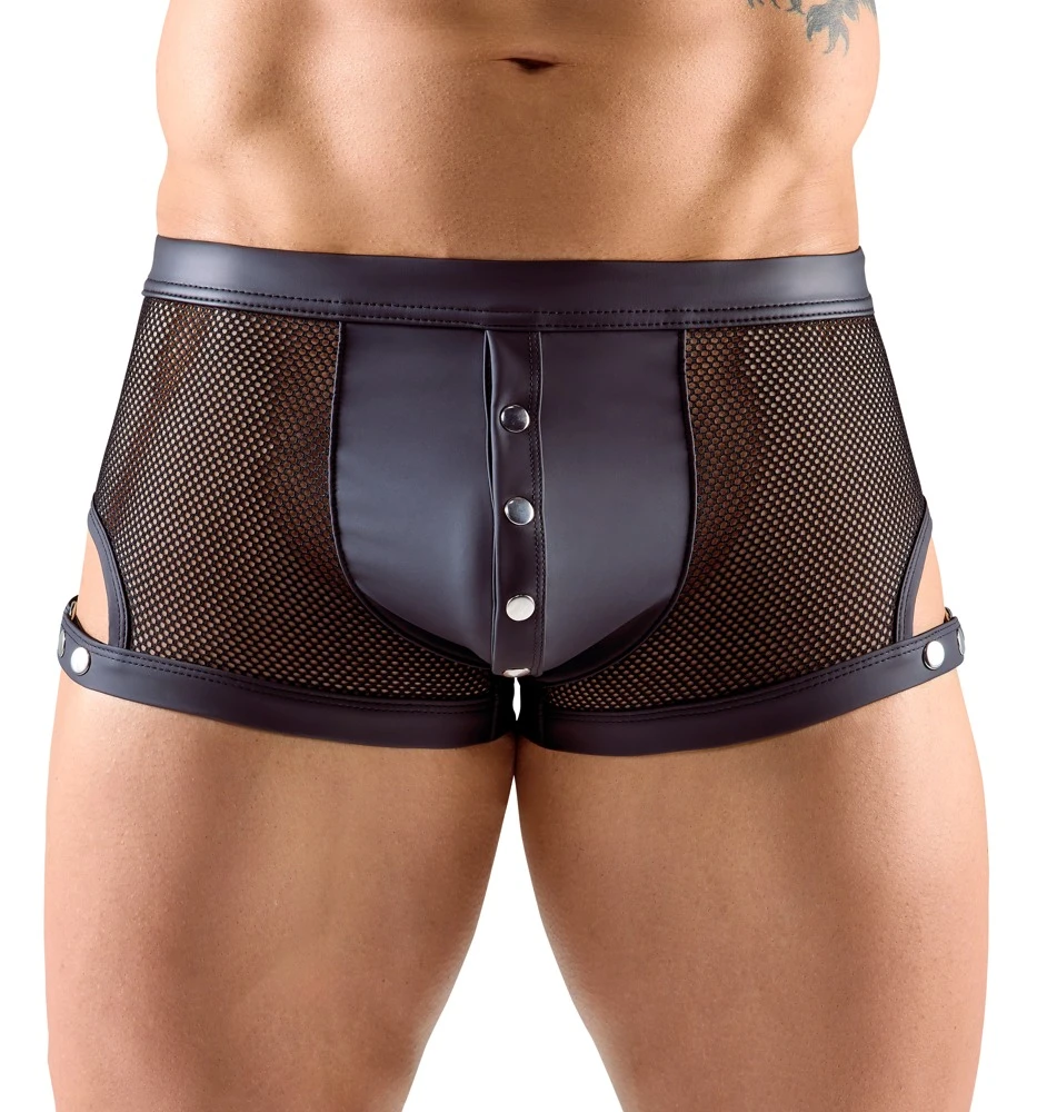 Schwarze Netz-Pants von NEK mit verstellbaren Schenkelriemen, Druckknopfleiste und elastischem Bund für optimalen Tragekomfort