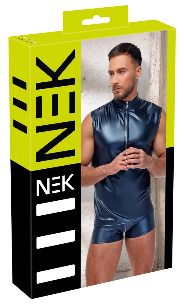 Blaues Shirt von NEK im trendigen Metallic-Mattlook. Ärmellos, eng und körperbetont geschnitten.Mit kleinem Stehkragen und silberfarbenem Reißverschluss vorne.
