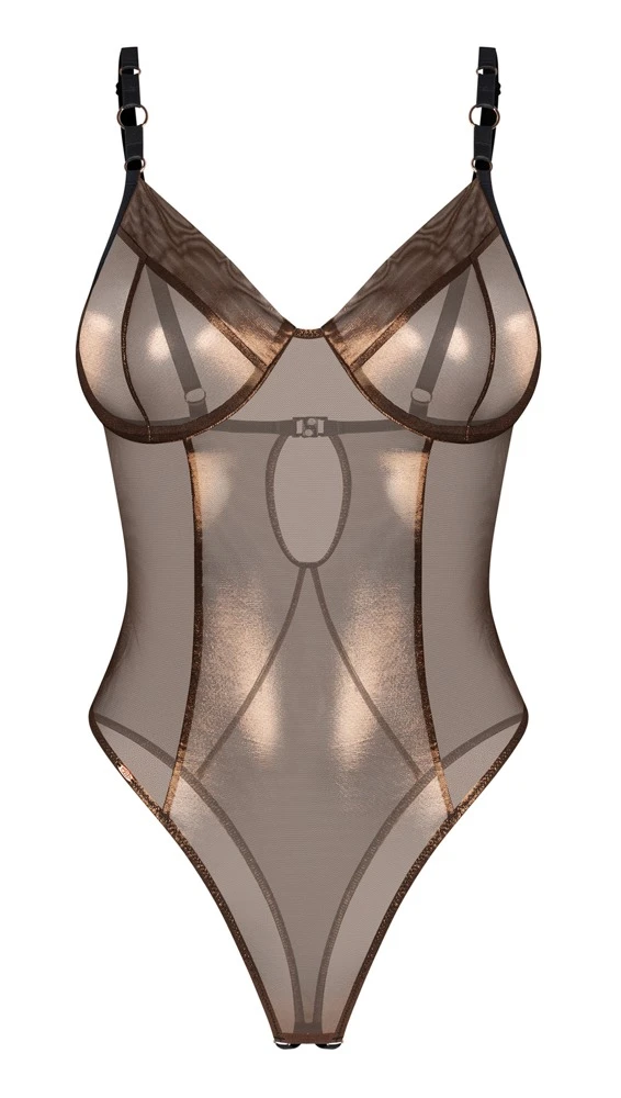 Body ouvert Soranna in schimmerndem Bronze mit semitransparentem Rio-Design, verstellbaren Trägern und offenen Bügel-Cups von Obsessive