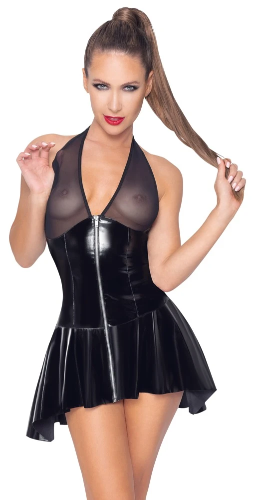 Kurzes Kleid von Black Level komplett im schwarzen Lackglanz mit Cups und Neckholder aus Powernet. In figurnaher Schnittführung mit ausgestelltem Röckchen.