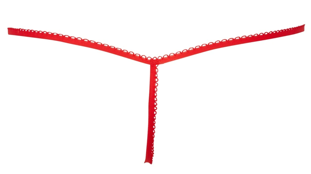 Roter String im Metallic-Look mit weißem Federbesatz am Bund. Perfekt für die Weihnachtszeit.