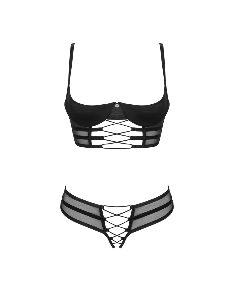 Obsessive Longline-Hebe und Riostring ouvert im Set Roxelia. Modischer Style aus transparentem Tüll und blickdichtem Stretchmaterial.