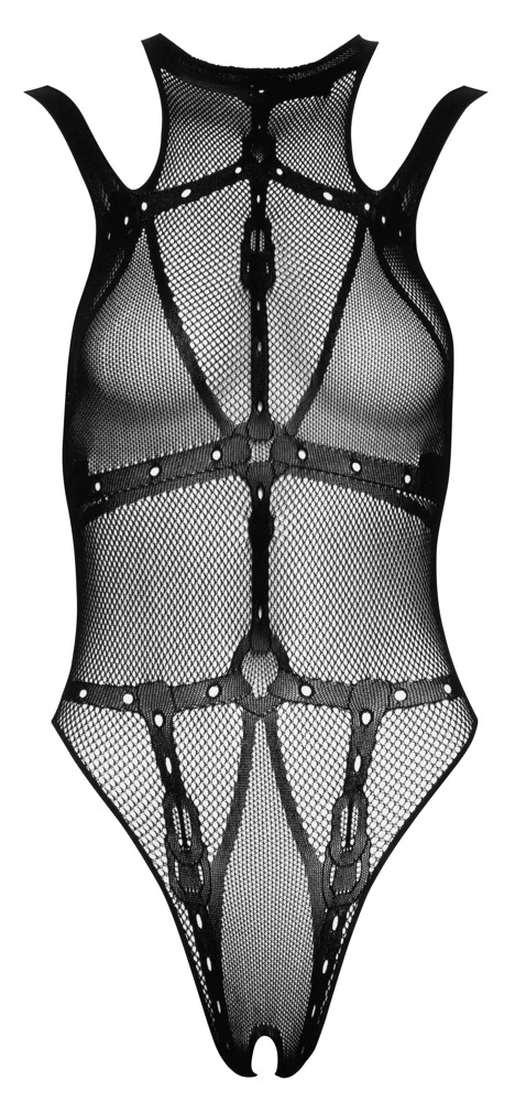Streichelweicher Body von Cottelli FANTASY in verschiedenen Netzstrukturen mit eingewebter Bondage-Bänder-Optik.