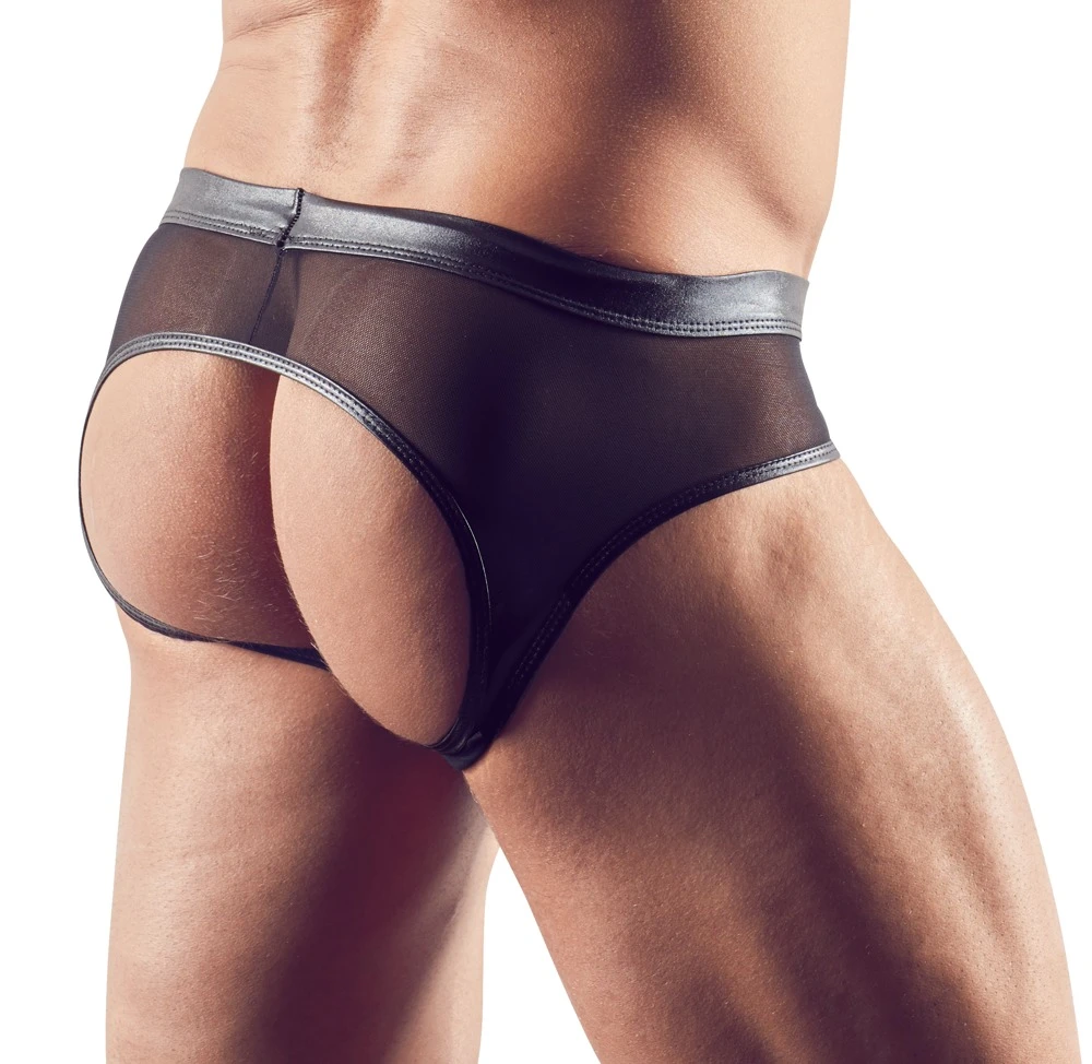Pofreier Herrenslip von Svenjoyment in Schwarz. Elastische Materialkombination Wetlook mit leicht transparentem Powernet.
