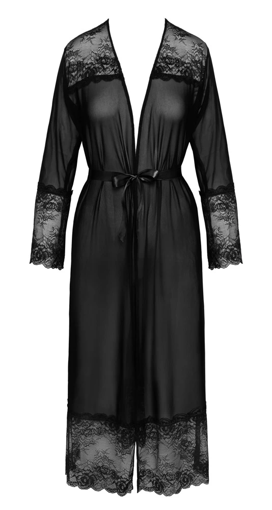Damen Lang Kimono mit Spitze und Tüll, Elegant Langer Kimono aus eines Powernet im Mix mit Effektspitze
