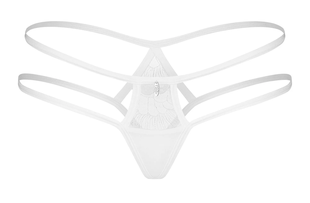 String Arrowel von Obsessive in Weiß mit feiner bestickter Spitze, kleinem Schmuckdetail und raffiniertem Rauten-Ausschnitt hinten für eine sinnliche Wirkung