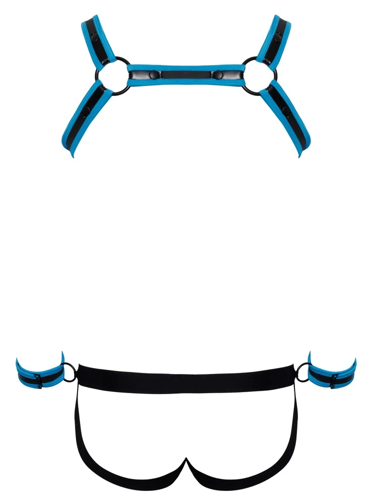 Brustharness, Jock und 2 Handfesseln im Set von Svenjoyment BONDAGE. Extravagante Neopren-Optik in Schwarz mit royalblauen Kontrasten.