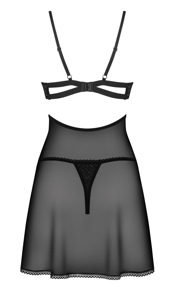 Elegantes schwarzes Dessous-Set Nutris von Obsessive: Transparentes Babydoll mit Spitze und passendem String für perfekten Sit