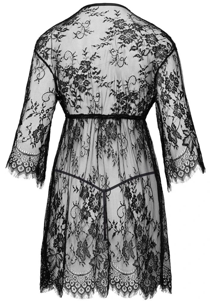 Kurzer Kimono mit String aus feiner Spitze, sexy Eyelash Lace & Satin-Bindeband, weich und elastisch – Cottelli LINGERIE