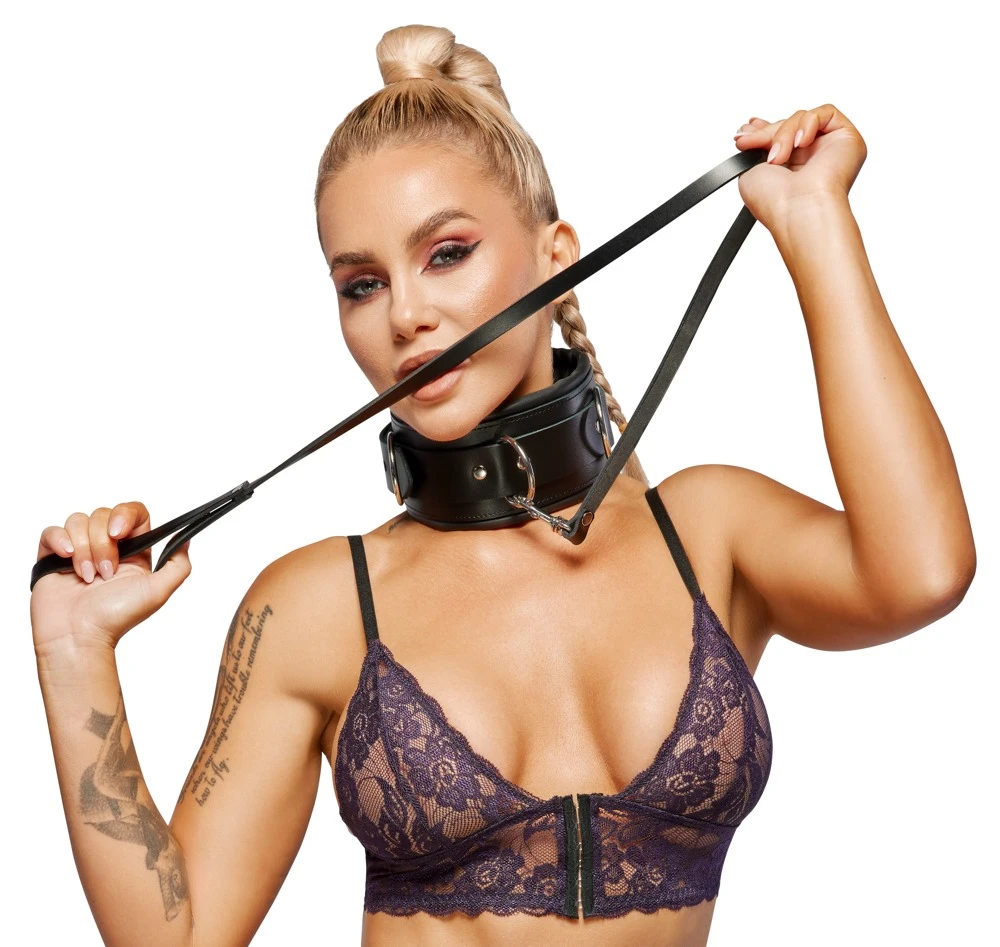 Bondage, Sexy Halsfessel mit Leine aus schwarzem Leder, weich gepolstert & verstellbar, inkl. Schloss mit Schlüssel, Profi BDSM Dessous Accessoire ZADO