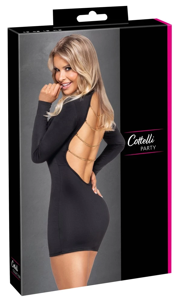Schwarzes Langarm-Minikleid von Cottelli PARTY – eng tailliert mit tiefem Rückenausschnitt und goldfarbenen Ketten, die abnehmbar sind, für einen sexy und aufregenden Look vorne edel, hinten unwiderstehlich