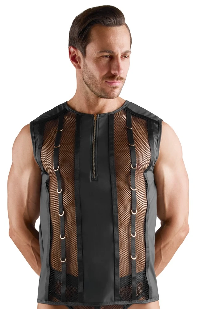 Sexy Netz-Shirt Herren schwarz mit Wetlook Mix und Reißverschluss vorne, elastisch mit auffälligen Ringen und körperbetonter Passform von Svenjoyment