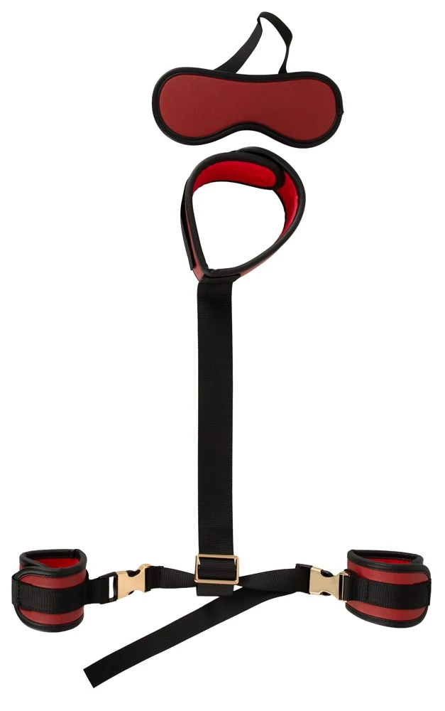 Bad Kitty Neck to Wrist Bondag, Sexy Bondage Set Halsfessel Handfesseln Augenmaske rot schwarz Lederlook gold Details verstellbar abnehmbar kinky Set