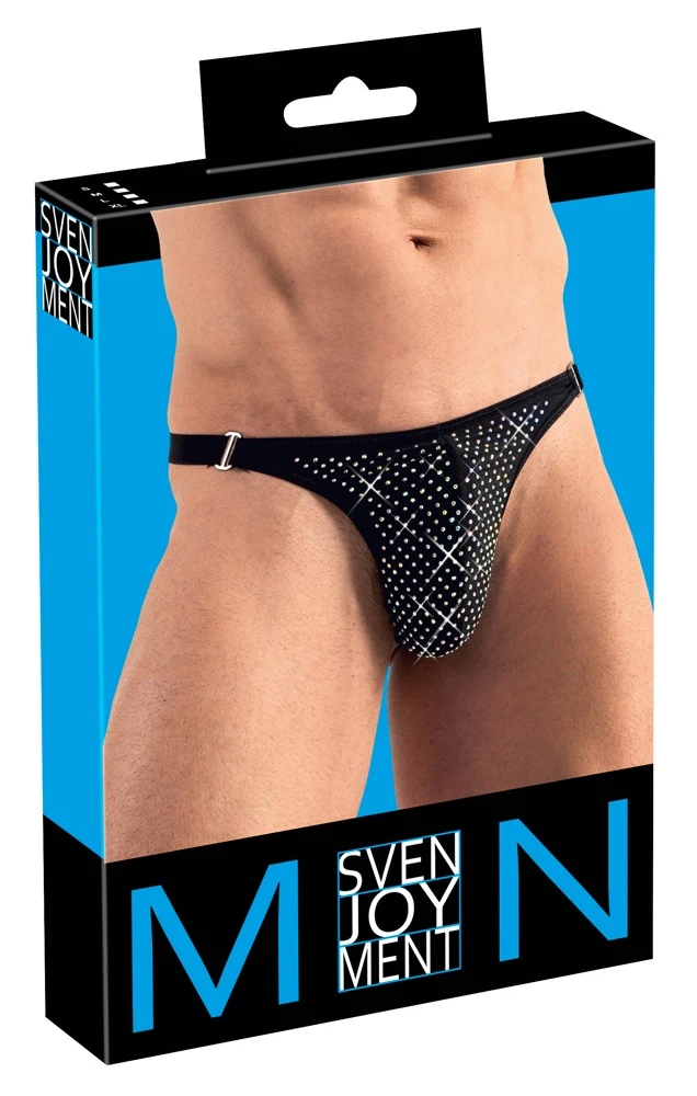 Extravaganter schwarzer String von Svenjoyment mit bunt schillernder Front aus unzähligen Glitzer-Steinen.
