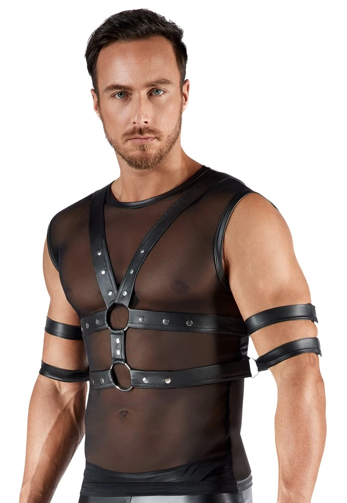 Svenjoyment BONDAGE Set: Ärmeloses Shirt mit transparentem Powernet und verstellbarem Brust-Harness samt sanften Fesseln