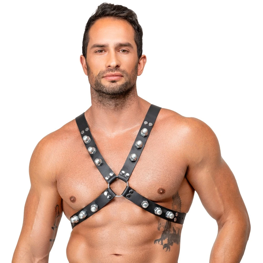 Le Herren Harness, ZADO X-Brustharness Leder schwarz mit Nieten Schnallen verstellbar robust markant starkes Design mit perfektem Sitz