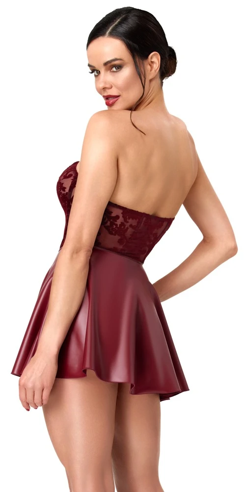 Noir Sexy trägerloses Corsagen-Minikleid in Burgunderrot mit Samtflockprint, Powerwetlook-Rock und raffinierter Zweiteiler-Optik