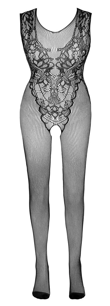 Catsuit in Netzstruktur mit eingewebtem Body in Spitzenoptik. Nahtlos gefertigt und schön weich und elastisch für hohen Tragekomfort