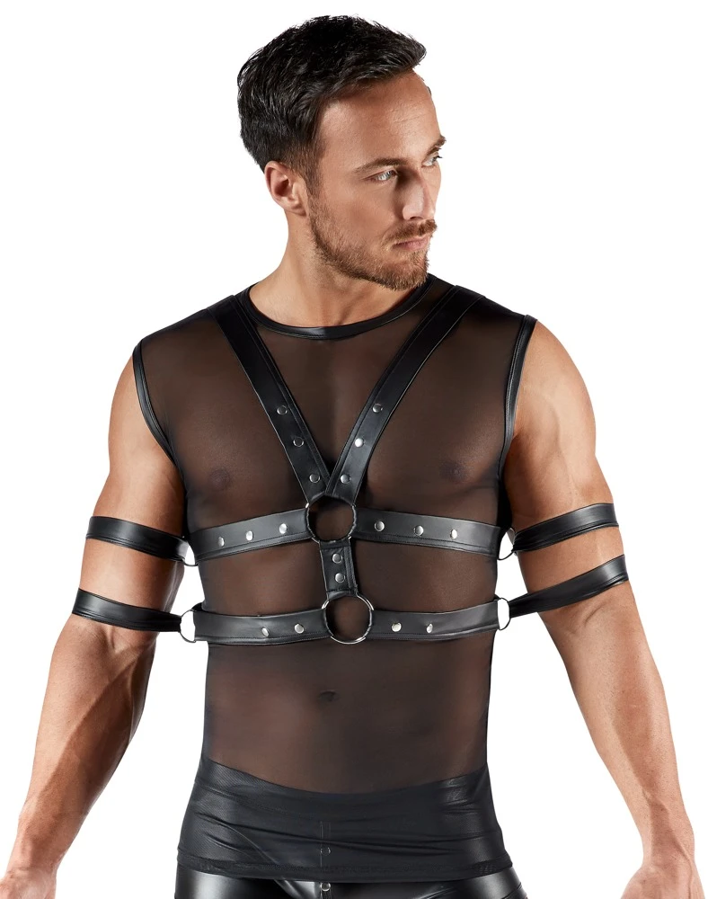 Svenjoyment BONDAGE Set: Ärmeloses Shirt mit transparentem Powernet und verstellbarem Brust-Harness samt sanften Fesseln