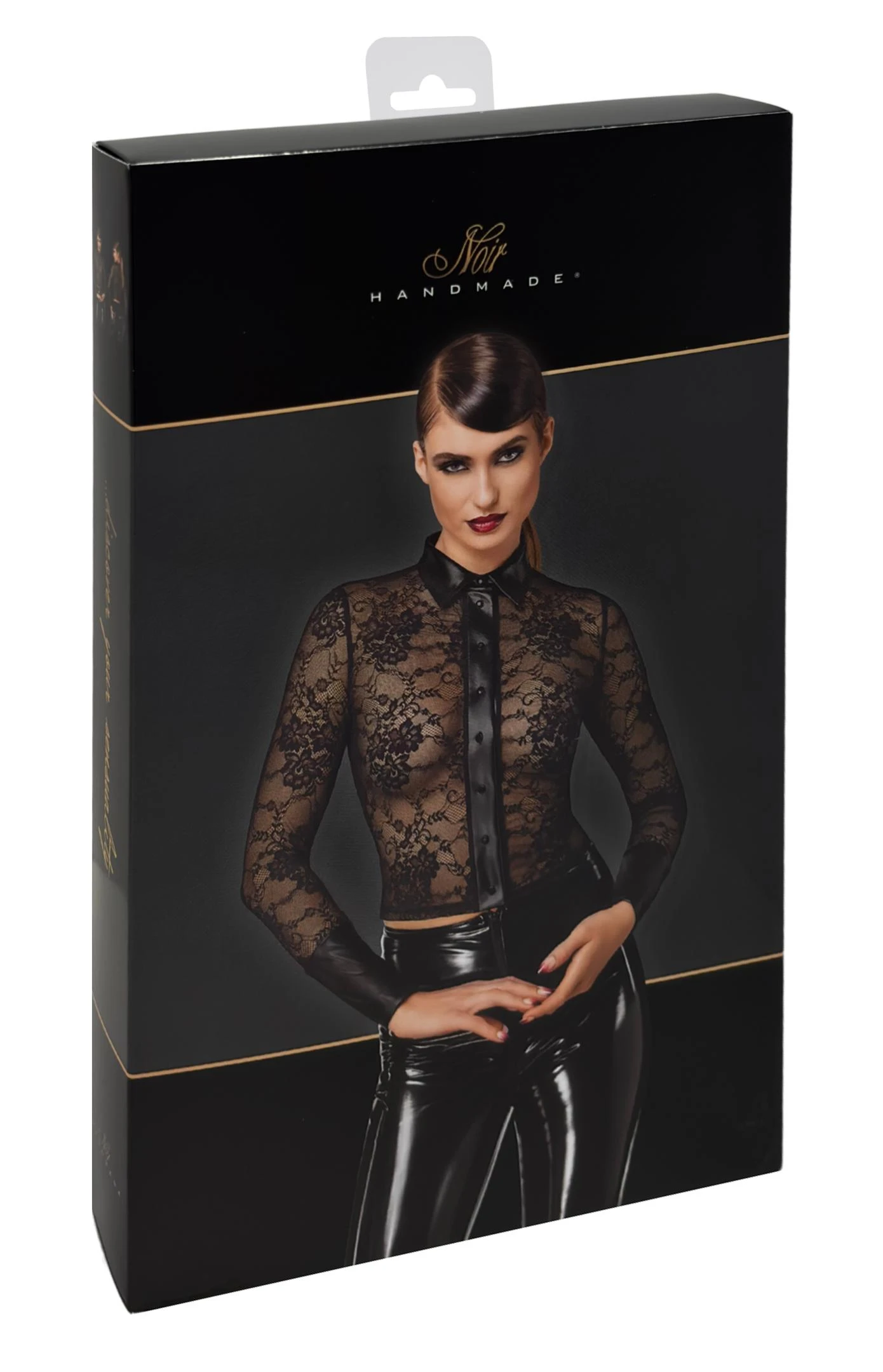 Noirelle Lace Button-up Shirt Noir Handmade F377 aus transparenter Spitze mit schwarzen Strass-Druckknöpfen, Powerwetlook-Kragen und breiten Manschetten für einen markanten, modernen Look