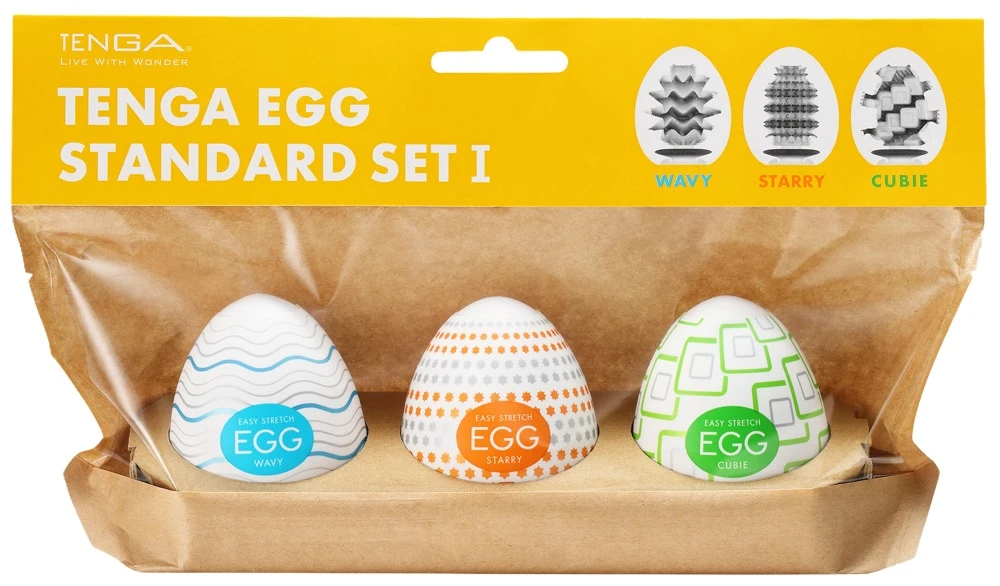 Egg Masturbator Set Standard – 3er Pack Einmal-Sleeves in Ei-Schale mit 3 Reizstrukturen inkl. Gleitgel, erotisch & diskret