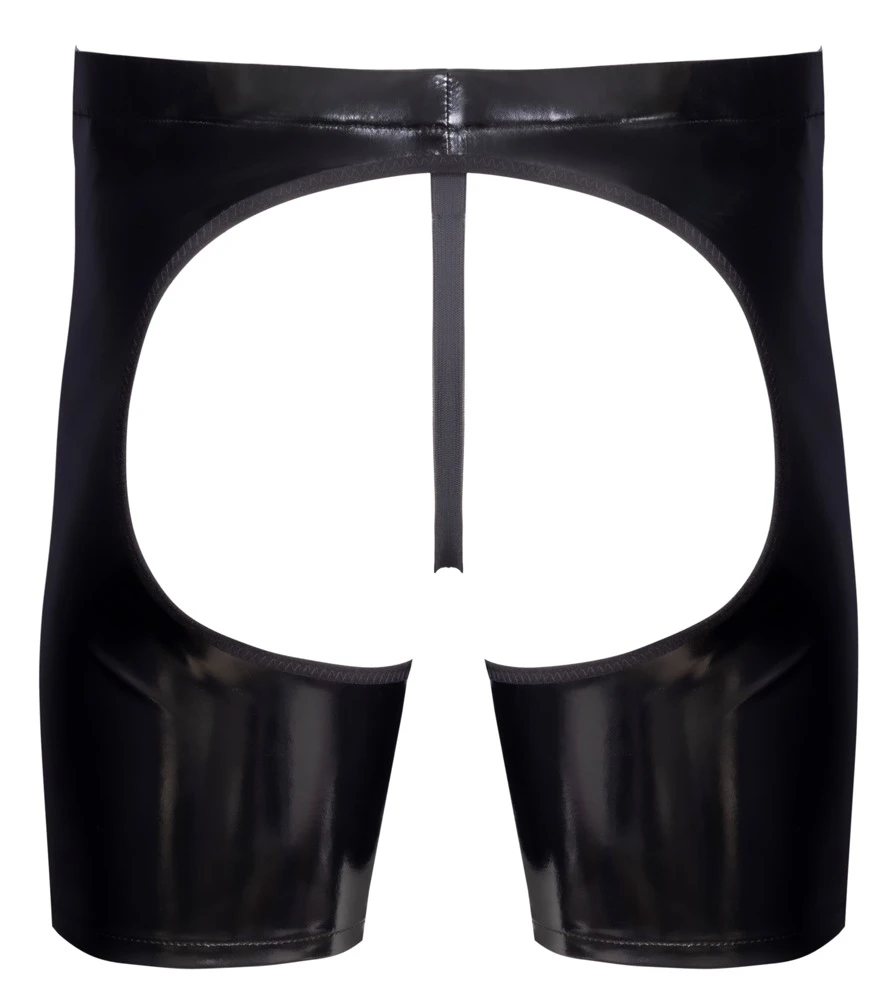 Lack Herren Chaps, Lack-Chaps und String Set von Black Level im schwarzen Glanzlook mit engem Bein, elastischem Bund und dekorativem Ring, komplett offen im Schritt und po-frei
