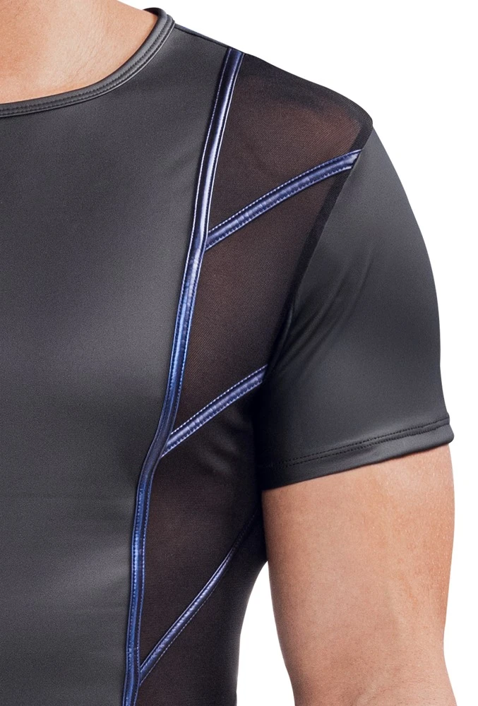 Betonendes Kurzarm-Shirt von NEK im schwarzen Mattlook mit seitlichen Netz-Einsätzen und glänzenden Blue-Metallic-Streifen – sexy Clubwear für selbstbewusste Nächte!