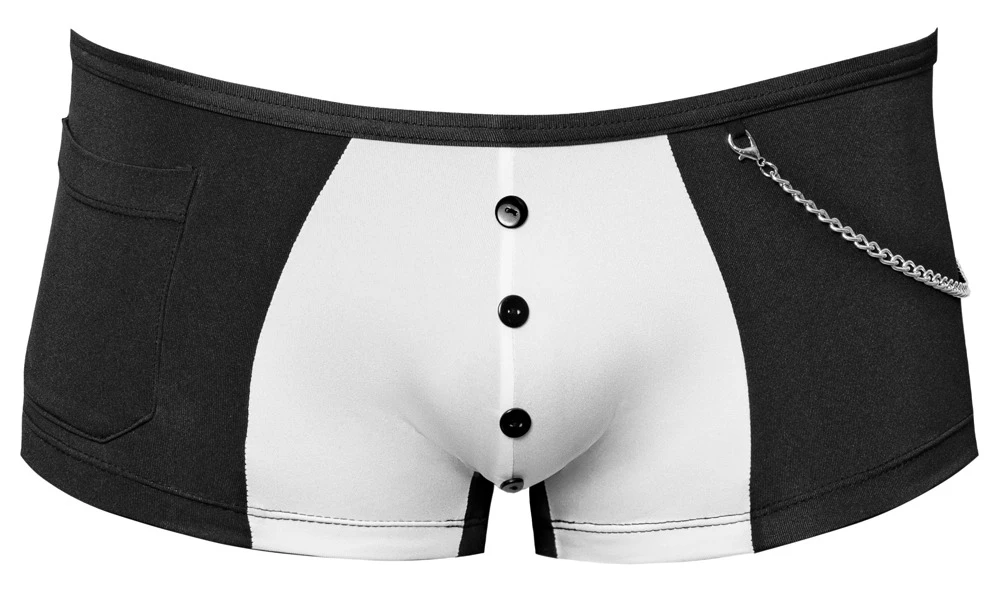 Svenjoyment Pants im sexy Service-Look: Schwarz-weiß mit Zierknöpfen, Tasche und abnehmbarer Karabinerkette Svenjoyment Pants im sexy Service-Look: Schwarz-weiß mit Zierknöpfen, Tasche und abnehmbarer Karabinerkette