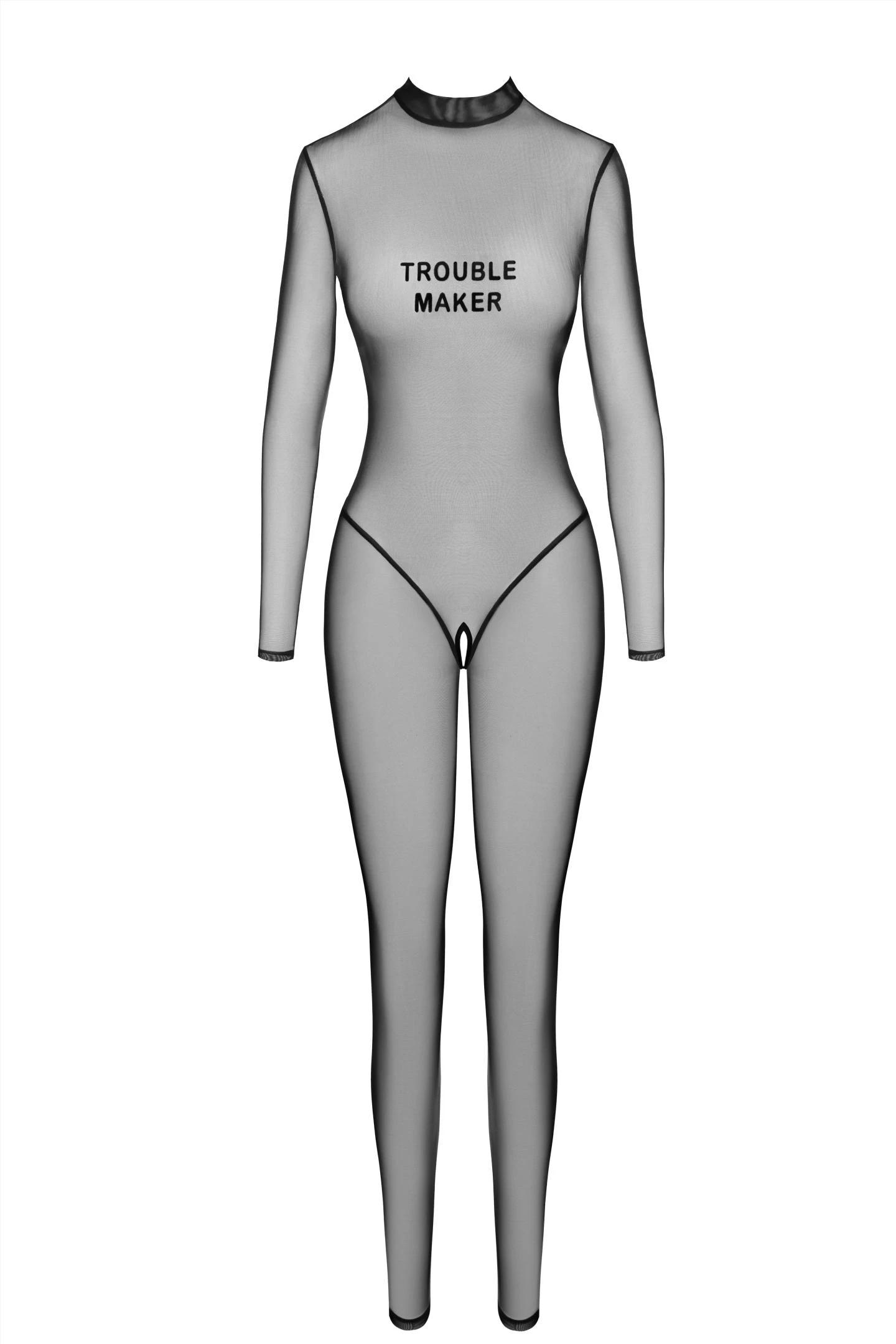 F387 Troublemaker Catsuit – Kinky transparenter Tüll-Overall mit Flockprint, langen Ärmeln, offenem Schritt & heißem Rückenschlitz Dessous-Style Noir Handmade