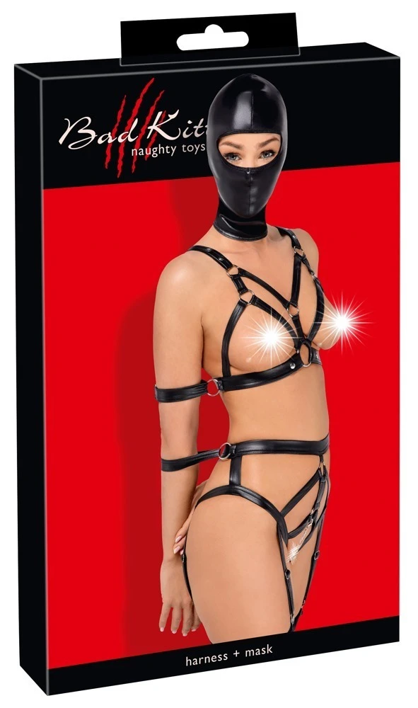 Extravagantes Riemen-Set von Bad Kitty mit 4 Armfesseln und inklusive Kopfmaske.