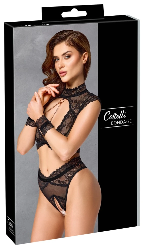 Cottelli BONDAGE BH Set Bondage Soft-BH und Taillenslip ouvert im Set, 2 Spitzen-Handfesseln