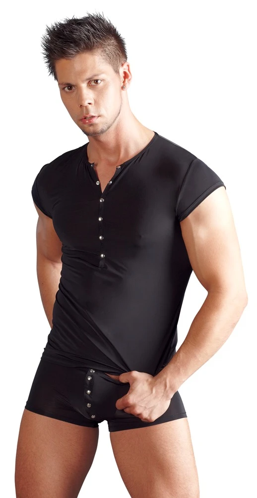 Leicht transparente, elastische Pants mit silberfarbener Druckknopfleiste und eingefasstem Bündchen in schwarz.