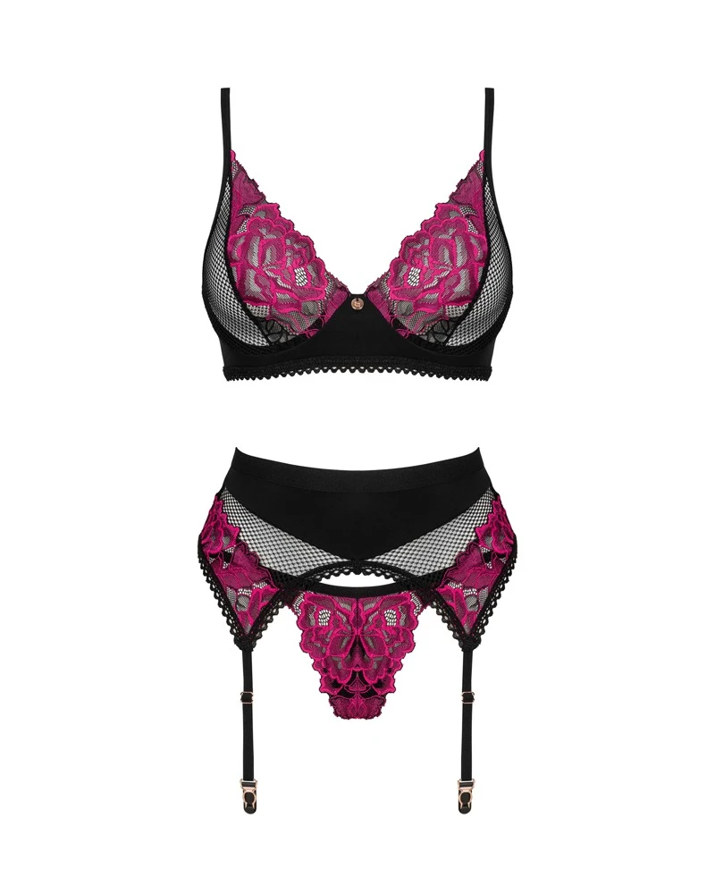 Obsessive 3-teiliges elegantes Straps-Set Rosenty mit Bügel-BH, Strapsgurt und String. Rosenspitze und Netz im stylischen Mix.