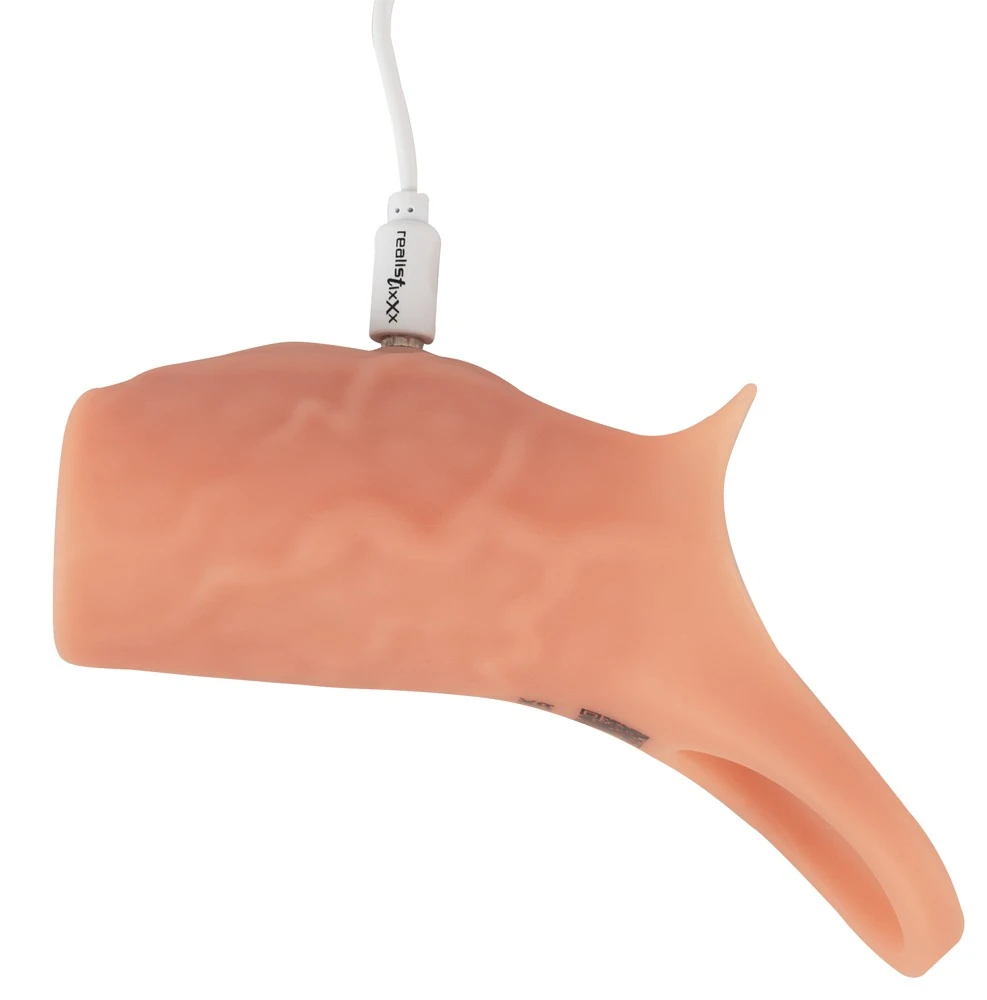 Realistixxx Real Sleeve open, Vibro-Penismanschette mit Hodenring für mehr Umfang und intensivere Vibrationen 10 Modi für verstärkte Lust